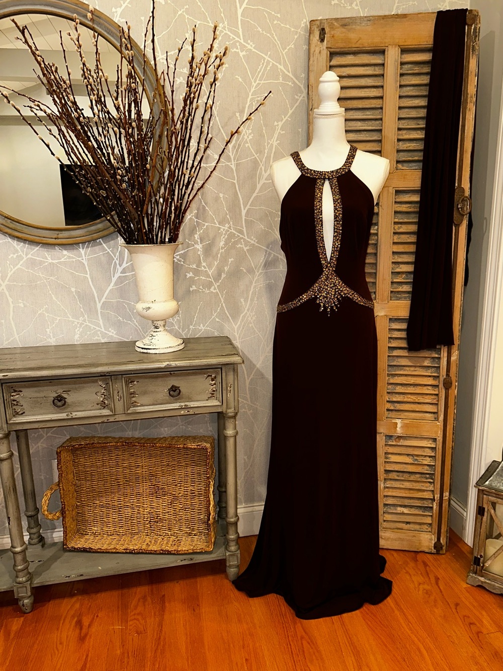 Lara Design Dark Brown Halter Bead Embellishment Evening Gown w/ Shawl - 14